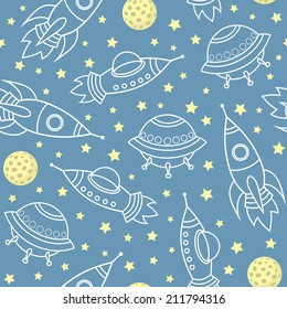 seamless vector pattern with space rockers, spaceship, stars and planets