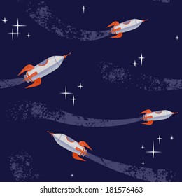 Seamless vector pattern with space rockets and stars.