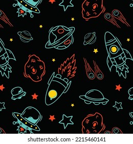 Seamless vector pattern with space rockets, spaceship, and stars. Baby background.
