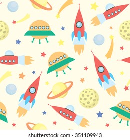 seamless vector pattern with space rockets, stars, planets, spaceships