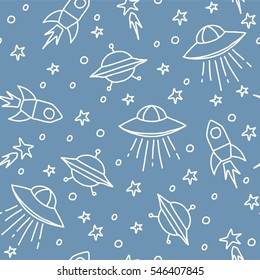 Seamless vector pattern with space rockets, spaceship, and stars. Baby background.