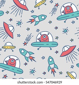 Seamless vector pattern with space rockets, spaceship, and stars.  Flying Saucers. Unknown Flying Object. UFO. It Can Be Used As Wallpaper, Wrapping, Fabric Or Your Design. Baby background.