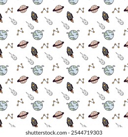 Seamless vector pattern with space theme. Trendy baby texture for wrapping clothes, wallpaper, textile fabric, scrapbooking, vinyl stickers, screen printing, printable decoration