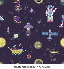Seamless vector pattern with space theme in flat style on a dark background