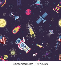 Seamless vector pattern with space theme in flat style on a dark background