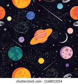 Seamless vector pattern. Space, universe. Abstract background. Different colored planets (planets of the Solar system and fantastic), stars, comets, galaxies. Starry sky. Outer space template.