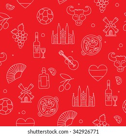 Seamless vector pattern of the Spanish white icons on a red background, painted by hand.