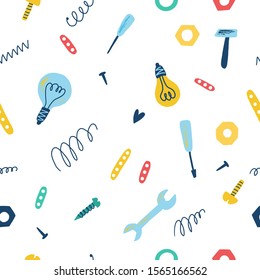 Seamless vector pattern with spare parts and tools. Screw, light bulb, wrench, screwdriver, bolt, hammer, constructor. Сartoon flat. Hand drawn elements in white background. Kids illustration for boys