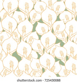 Seamless vector pattern with spathiphyllum flowers on green background