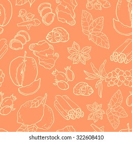 Seamless vector pattern with spices, berries and fruits for autumn beverages. Vector hand drawn illustration.
