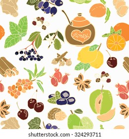 Seamless vector pattern with spices, berries and fruits for autumn beverages. Vector hand drawn illustration.