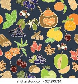 Seamless vector pattern with spices, berries and fruits for autumn beverages. Vector hand drawn illustration. 