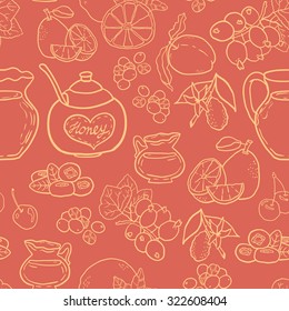 Seamless vector pattern with spices, honey, milk, berries and fruits for autumn beverages. Vector hand drawn illustration.
