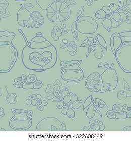 Seamless vector pattern with spices, honey, milk, berries and fruits for autumn beverages. Vector hand drawn illustration.