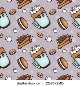 Seamless vector pattern with Spicy hot chocolate. Cup of cocoa with marshmallows and cookies. Christmas greeting card design element. Template for holiday menu, fabric and wrapping paper.