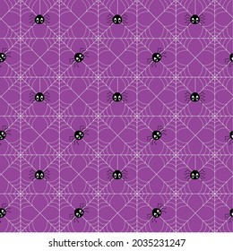 seamless vector pattern, spider webs with cute spiders on purple background for Halloween