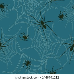 Seamless vector pattern with spiders and spider web on blue background. Scary insect wallpaper design. Animal bug fashion textile.