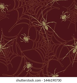 Seamless vector pattern with spiders and spiderweb on dark red background. Insect animal wallpaper design crawling creepy tarantula.