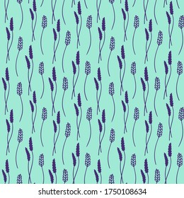 A seamless vector pattern of spikelets in a turquoise-violet color. Floral pattern with herbs. Plant background with beautiful spikelets. Lavender print for textile, fabric, Web page fill, wallpaper.