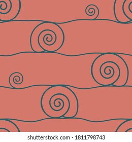 Seamless vector pattern with spiral line on pink background. Simple abstract wallpaper design. Creative art fashion textile texture.