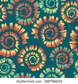 Seamless vector pattern with spiral tie dye on teal blue background. Artistic seashell wallpaper design. Creative paint texture fashion textile.