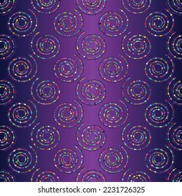 Seamless vector pattern of spirals with multi-colored peas on a dark purple gradient background