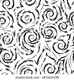 Seamless vector pattern of spirals of ragged lines and corners in black isolated on white background.Texture of waves and curls.