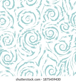 Seamless vector pattern of spirals of torn lines and corners of turquoise color isolated on white background.Texture of waves and curls.