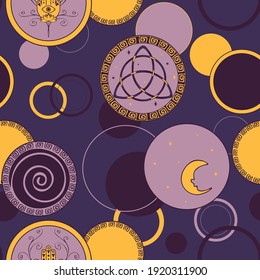 Seamless vector pattern with spiritual symbol on purple background. Triquetra moon talisman wallpaper design. Decorative witch fashion textile.
