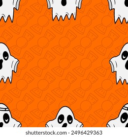 Seamless vector pattern with spooky and cute ghost illustrations isolated on orange background for Halloween