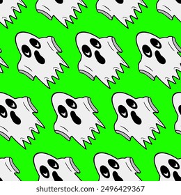 Seamless vector pattern with spooky and cute ghost illustrations isolated on green background for Halloween