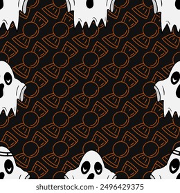 Seamless vector pattern with spooky and cute ghost illustrations isolated on black background for Halloween
