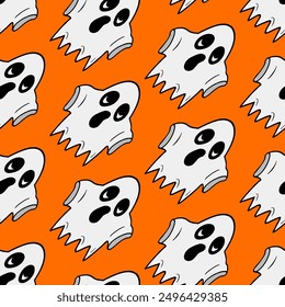 Seamless vector pattern with spooky and cute ghost illustrations isolated on orange background for Halloween