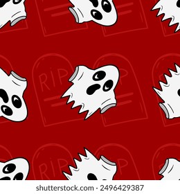 Seamless vector pattern with spooky and cute ghost illustrations isolated on red background for Halloween