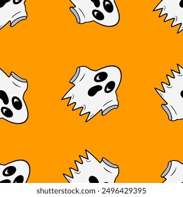 Seamless vector pattern with spooky and cute ghost illustrations isolated on orange background for Halloween