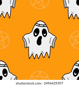 Seamless vector pattern with spooky and cute ghost illustrations isolated on orange background for Halloween