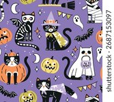 Seamless vector pattern with spooky Halloween black cats. Hand drawn creepy Halloween pumpkin and cat illustration. Perfect for wallpaper or fabric print design. EPS 10 vector file.