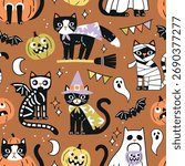 Seamless vector pattern with spooky Halloween black cats. Hand drawn creepy Halloween pumpkin and cat illustration. Perfect for wallpaper or fabric print design. EPS 10 vector file.