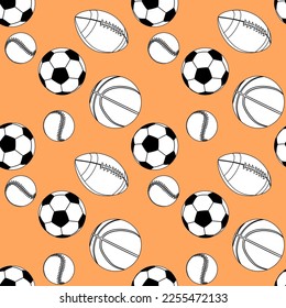 Seamless vector pattern with sport balls on an orange background 