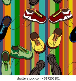 Seamless vector pattern with sport shoes in different colors on a bright striped background