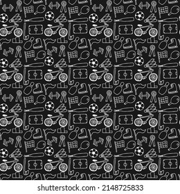 Patrón vectorial sin problemas con iconos deportivos. Vector de doodle con iconos deportivos sobre fondo negro. Patrón deportivo de cosecha