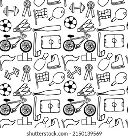 Seamless vector pattern with sports icons. Doodle vector with sport icons on white background. Vintage sport pattern