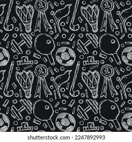 Seamless vector pattern with sports icons. Doodle vector with sport icons on black background. Vintage sport pattern