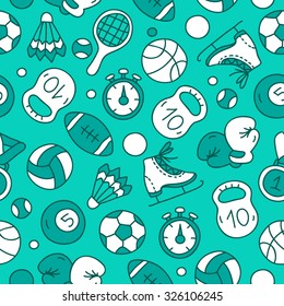 Seamless vector pattern of sports icons on a blue background, hand-drawn.