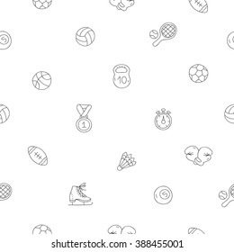 Seamless vector pattern of sports icons on a white background.