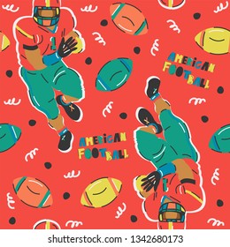 Seamless vector pattern with sportsman character, American football. Handdrawn illustration.