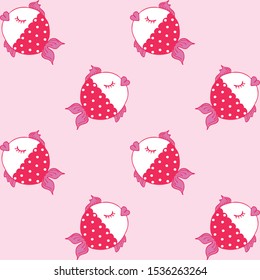 Seamless vector pattern with spotted fish on pink background. Cute wallpaper design for children. Under water sleeping fish fashion textile.