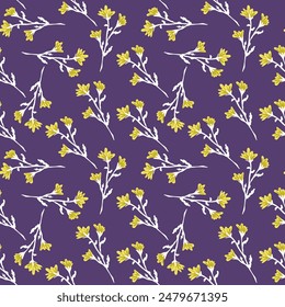 Seamless vector pattern with sprigs of yellow flowers on a purple background. Floral print for textiles, fabrics, wallpaper, covers, surfaces.