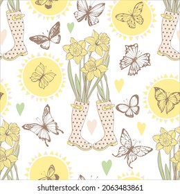 Seamless vector pattern with spring elements: daffodils, butterflies, sun, hearts, rubber boots. Abstract texture. Perfect for design templates, wallpaper, wrapping, fabric and textile.