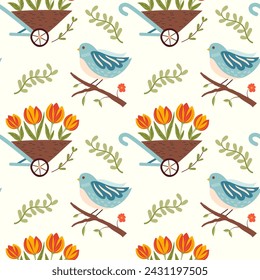 Seamless vector pattern with spring flowers in garden trolley and cute bird on brunch. Colorful floral illustration on white background.